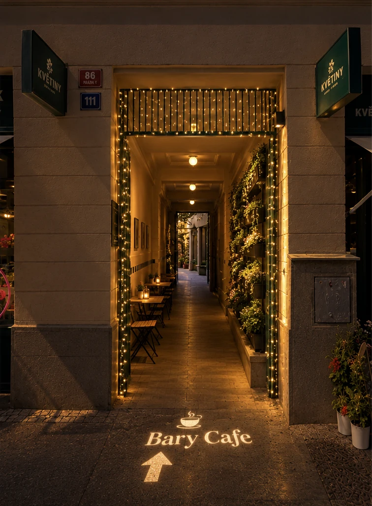 Osvětlený průchod z Vinohradské do vnitrobloku, se šipkou Bary Café u vstupu