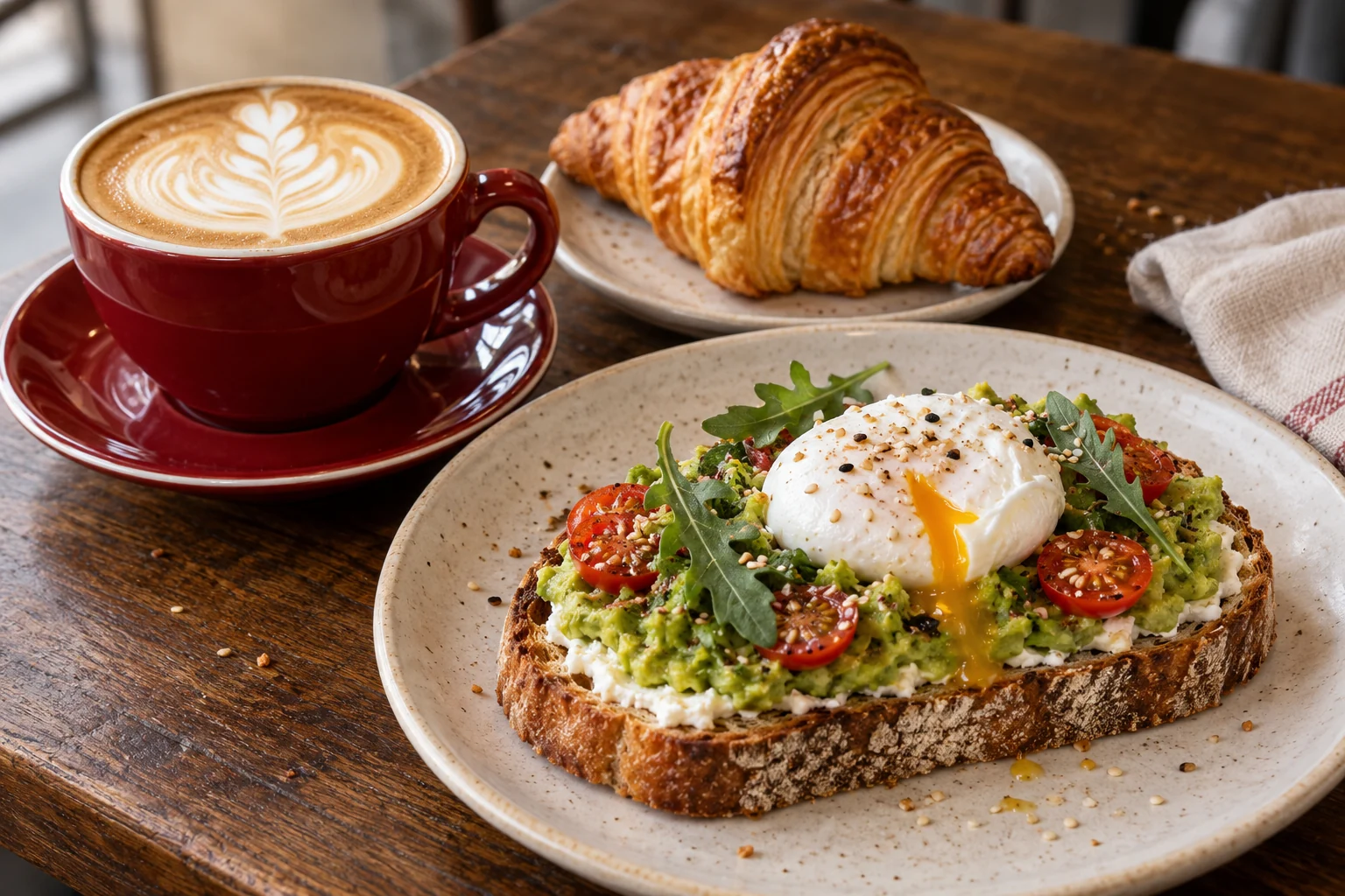 Cappuccino v červeném šálku, křupavý croissant a avokádový toast s cherry rajčaty a vejcem