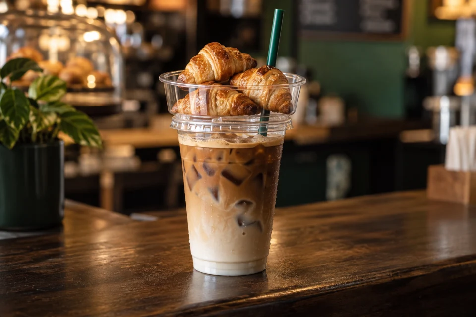 Ledová káva v kelímku se třemi mini croissanty v misce na víčku